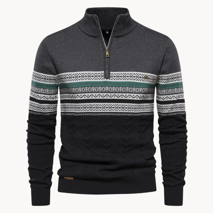 Men's patterned knit half-zip pullover, featuring a warm Nordic design for stylish winter layering.