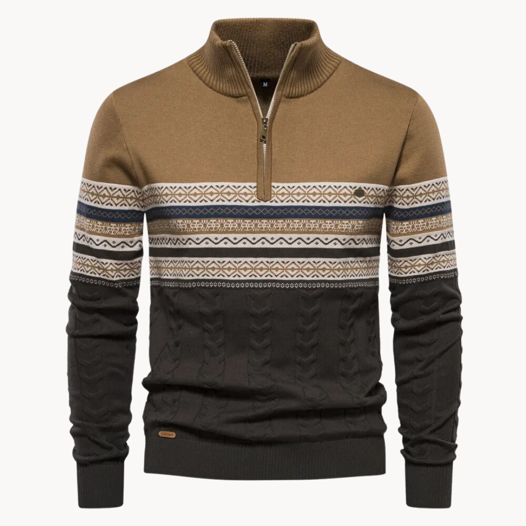 Cozy men's Nordic half-zip pullover sweater. Perfect for warm layering and stylish comfort on cool winter days.
