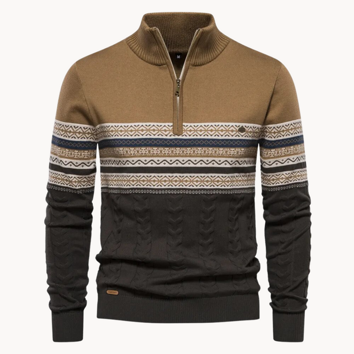 Cozy men's Nordic half-zip pullover sweater. Perfect for warm layering and stylish comfort on cool winter days.