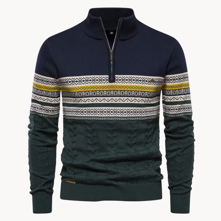 Stylish men's half-zip pullover with a distinct Nordic patterned knit, ideal for winter casual wear.