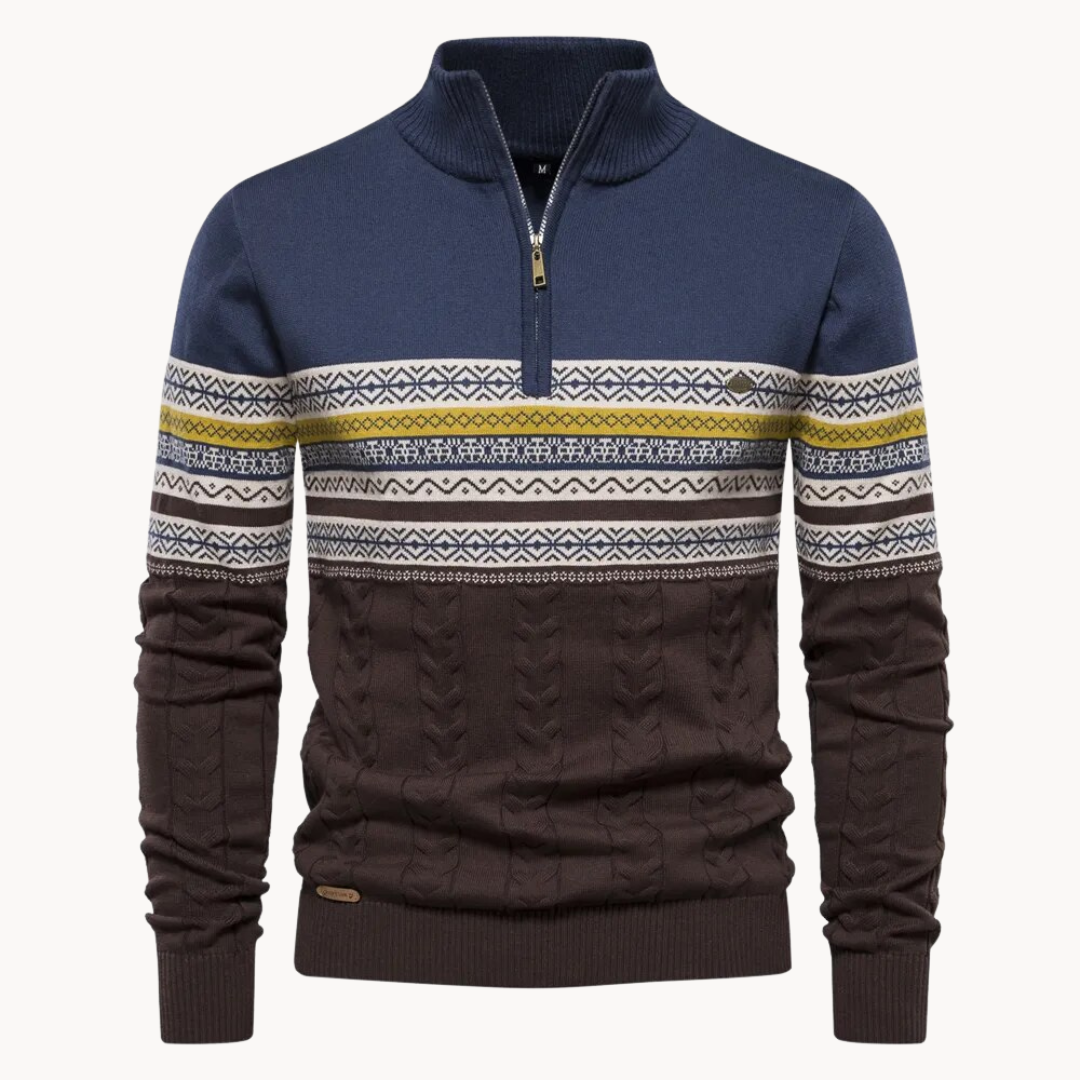 Men's warm Nordic half-zip pullover sweater. Cozy patterned knit for stylish winter fashion.