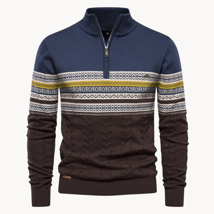 Men's warm Nordic half-zip pullover sweater. Cozy patterned knit for stylish winter fashion.