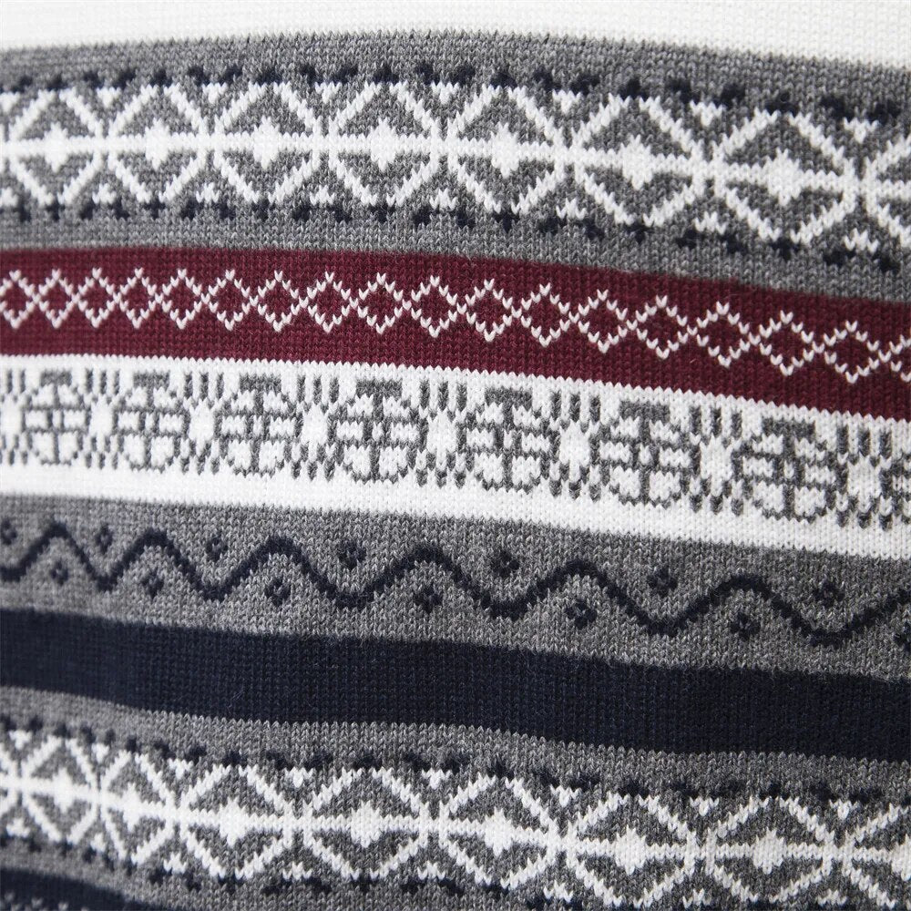 Men's cozy half-zip Nordic pullover. Warm patterned knit top for stylish winter & cool weather layering.