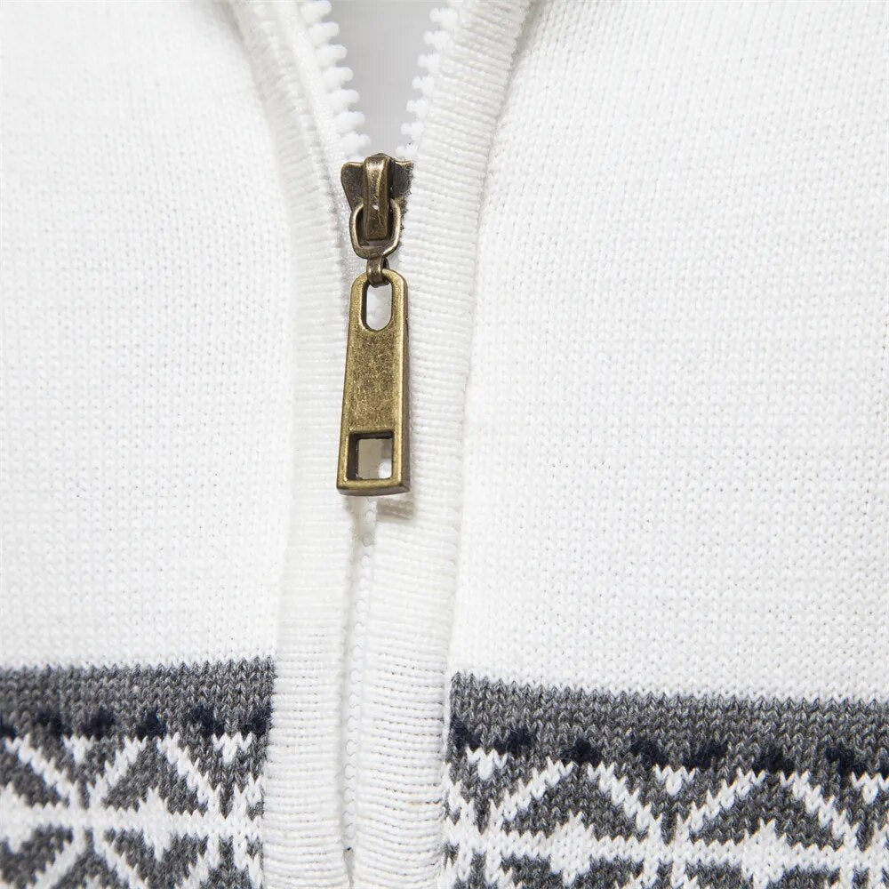Fashionable men's Nordic half-zip pullover. Cozy patterned knit sweater offering warmth for cool days.