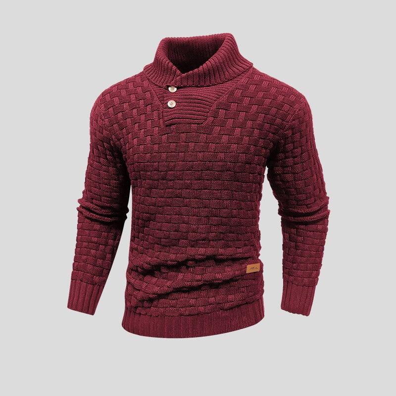 Close-up of cozy knit texture on a men's warm Oslo pullover sweater. Perfect for winter & fall comfort.
