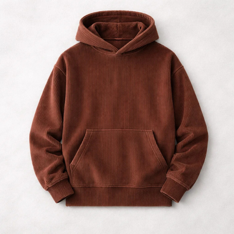 Model wearing a warm men's pullover hoodie, ideal for comfortable layering, streetwear, and winter wear.