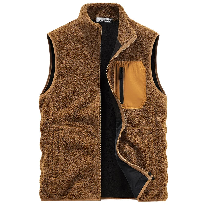 Men's Cozy Ridge sherpa fleece vest in a neutral color, perfect for warm winter layering.