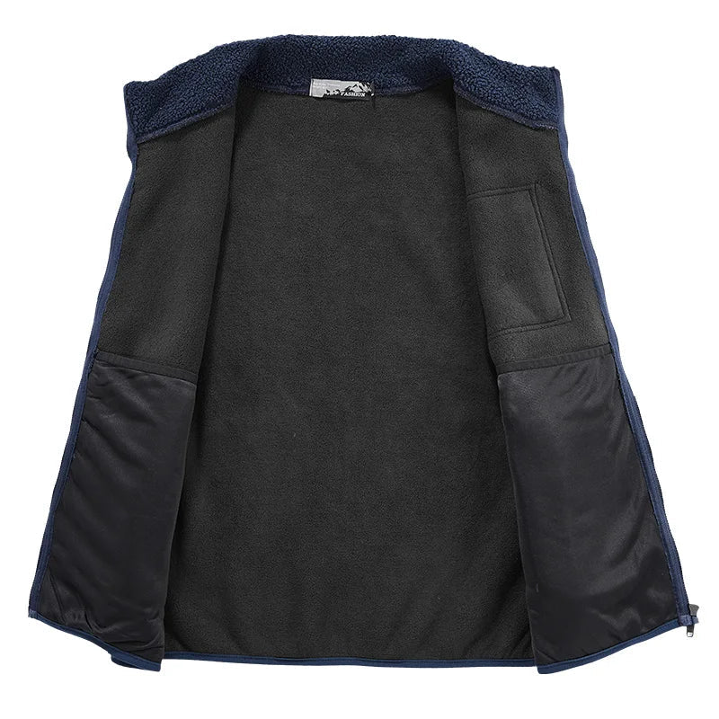 Close-up of the textured sherpa fleece on a men's vest, highlighting its soft, warm material.