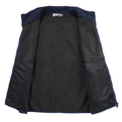 Close-up of the textured sherpa fleece on a men's vest, highlighting its soft, warm material.