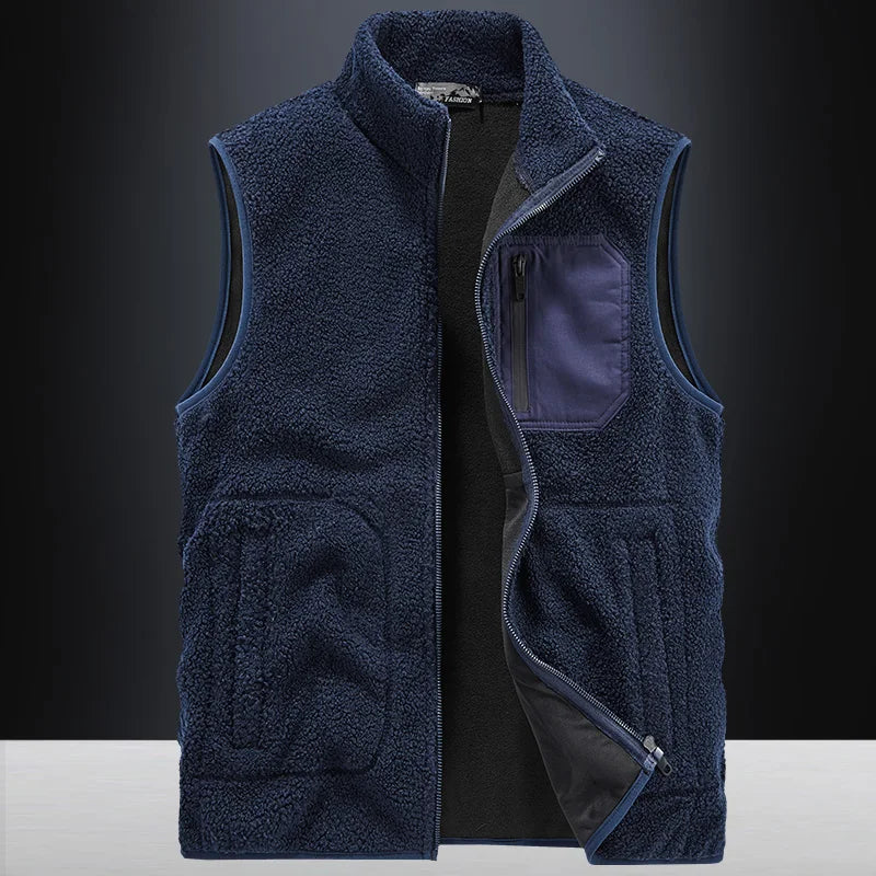Stylish men's sherpa fleece vest, ideal casual outerwear for fall and winter comfort and utility.
