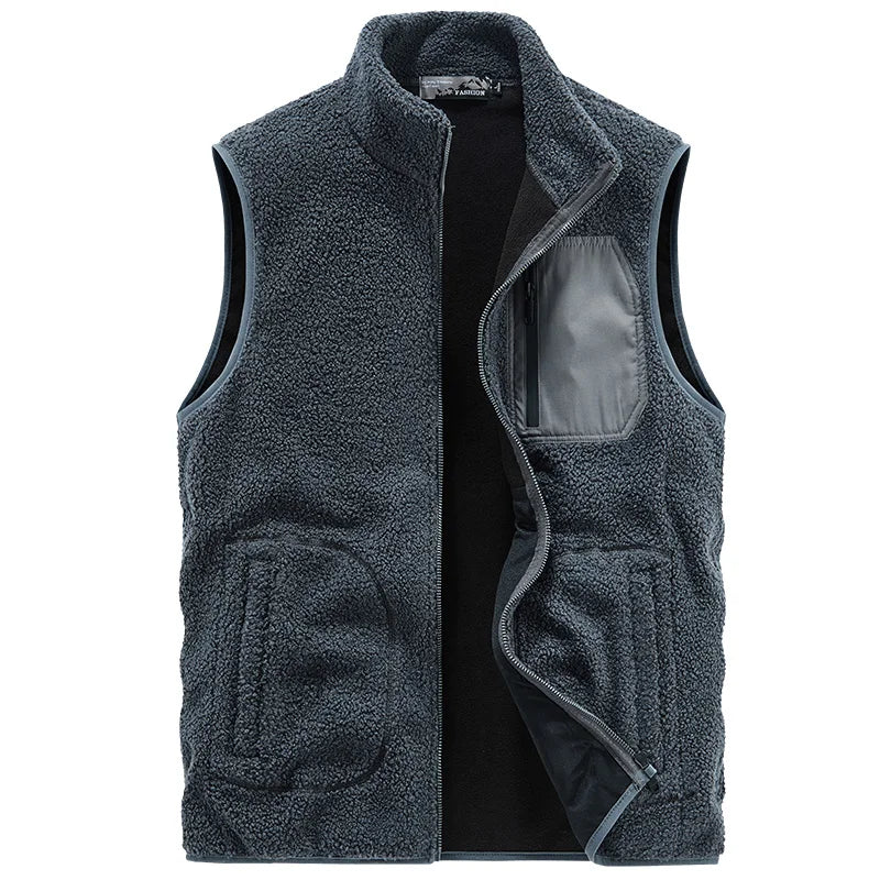 Detail of the pocket on a men's sherpa fleece vest, emphasizing its utility and casual style.