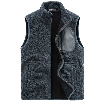 Detail of the pocket on a men's sherpa fleece vest, emphasizing its utility and casual style.