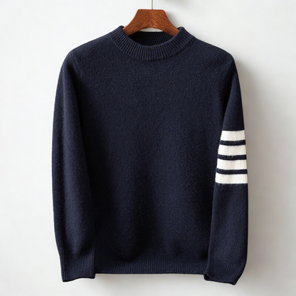 Modern men's striped knitwear pullover. Cozy long sleeve sweater with a crew neck, great for everyday winter fashion.