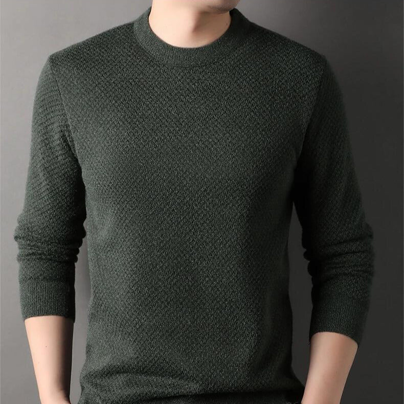 Richly textured men's knitwear sweater. Cozy long sleeve pullover, perfect for cool fall & spring days.