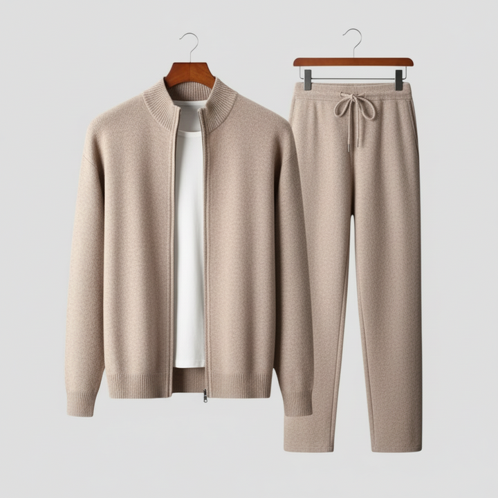 Men's cozy two-piece lounge set with zip-up sweater & drawstring pants for ultimate relaxed comfort.