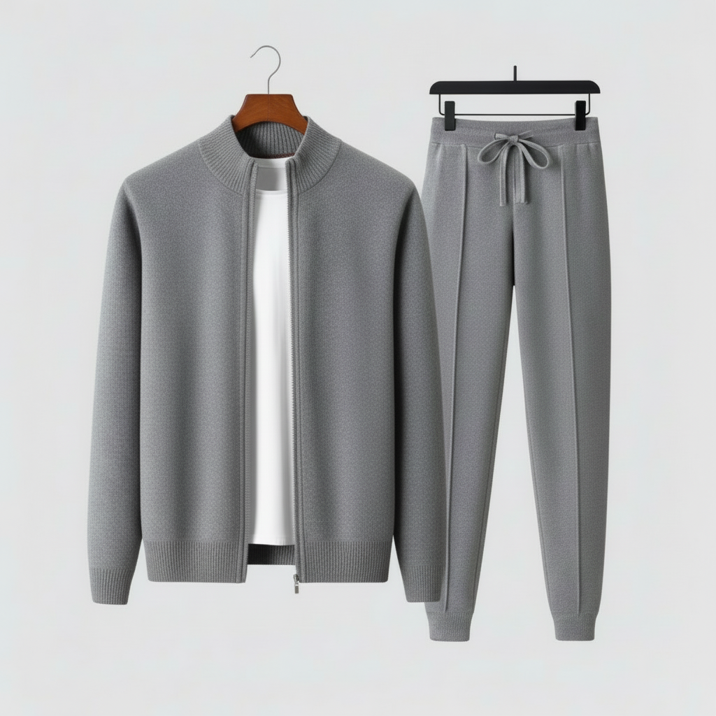 Modern men's lounge set, including a comfortable zip-up sweater and stylish drawstring pants for home.