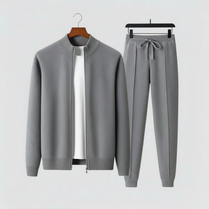 Modern men's lounge set, including a comfortable zip-up sweater and stylish drawstring pants for home.