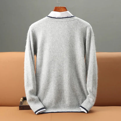 Stylish men's long sleeve V-neck sweater for ultimate cozy comfort & winter fashion.