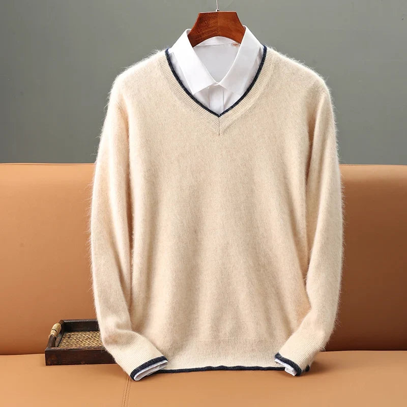 Soft men's V-neck sweater, ideal for casual wear, warmth, and a cozy winter look.