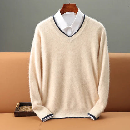 Soft men's V-neck sweater, ideal for casual wear, warmth, and a cozy winter look.