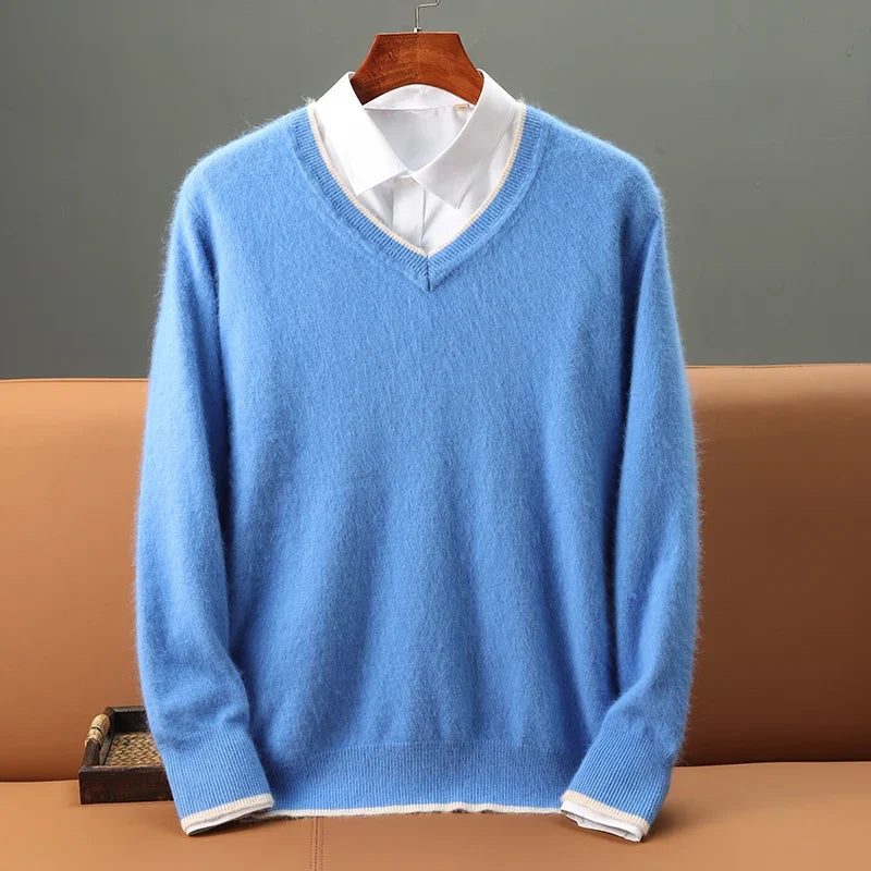 Classic men's V-neck long sleeve sweater, offering cozy comfort and versatile everyday style.