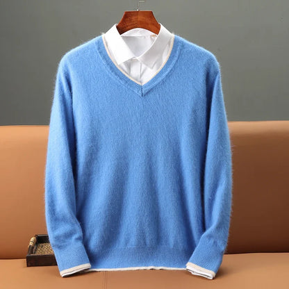 Classic men's V-neck long sleeve sweater, offering cozy comfort and versatile everyday style.