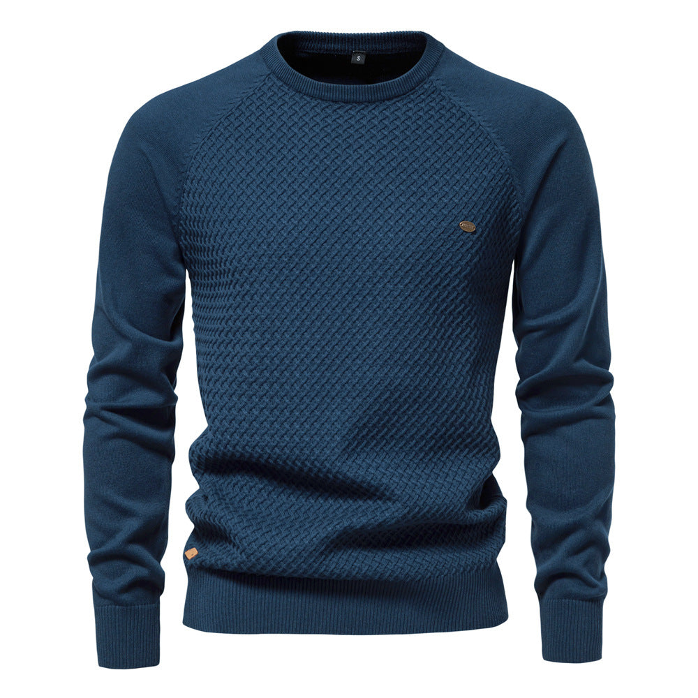 Casual men's long sleeve waffle knit sweater, versatile for everyday fashion.