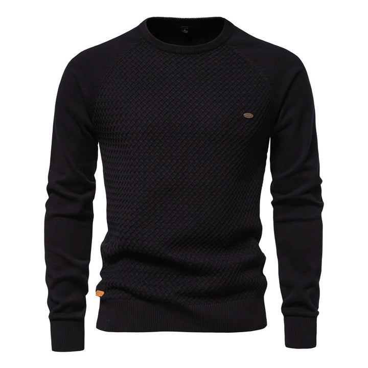 Comfortable men's crewneck waffle knit sweater, perfect for layering.
