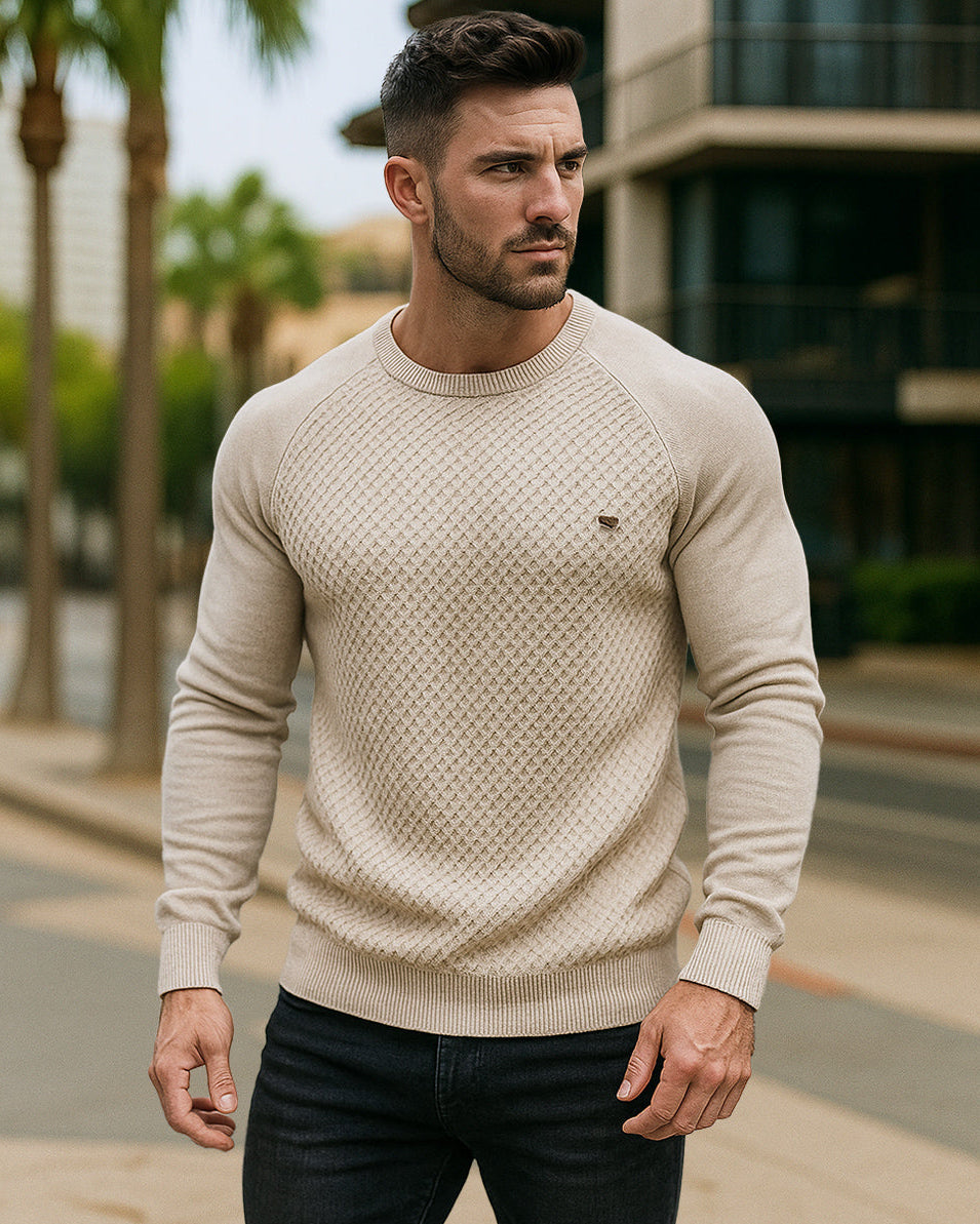Effortless style: men's cozy waffle knit crewneck sweater.