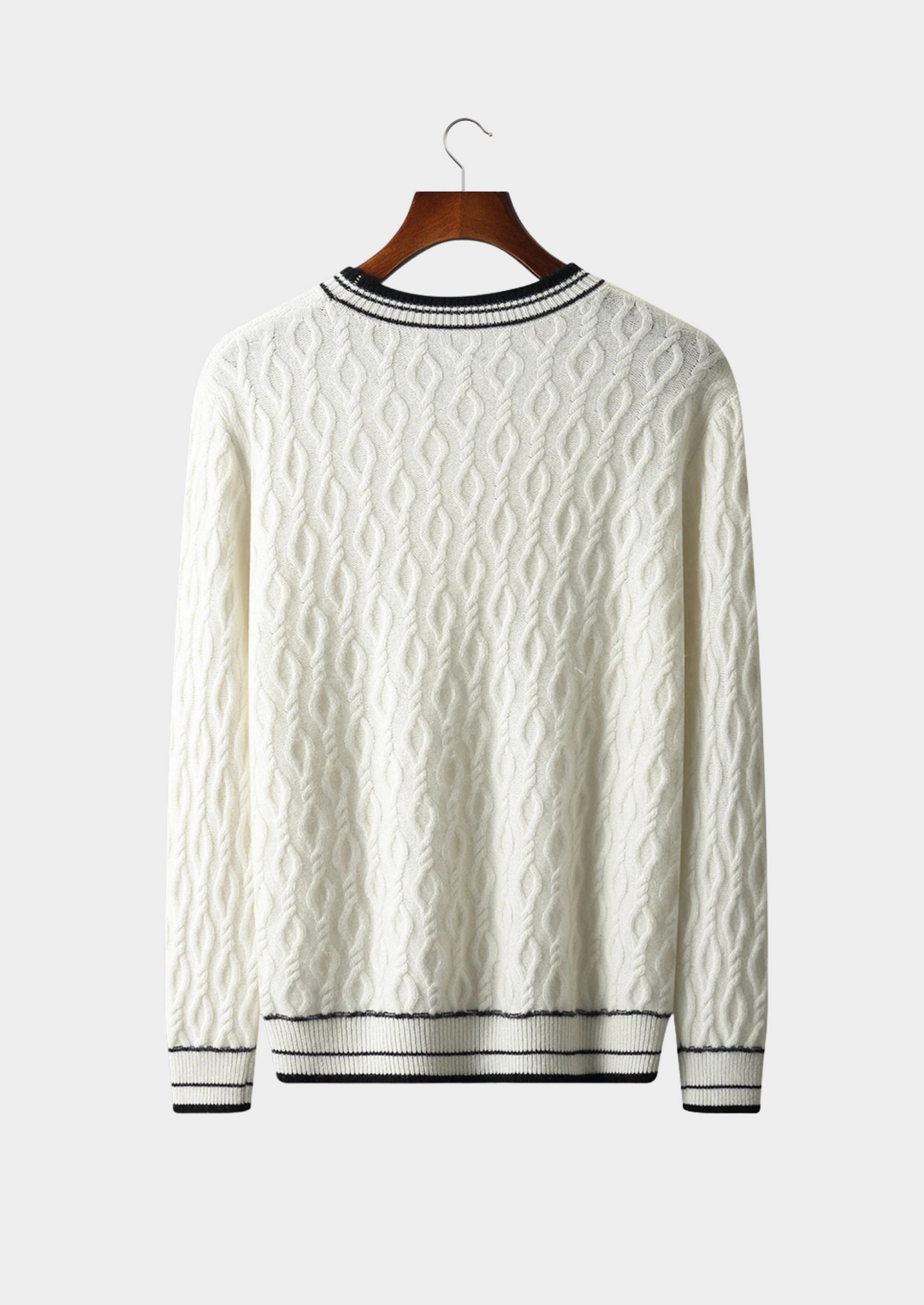 Comfortable men's cable knit crew neck sweater with stylish striped trim, perfect for all-season layering.