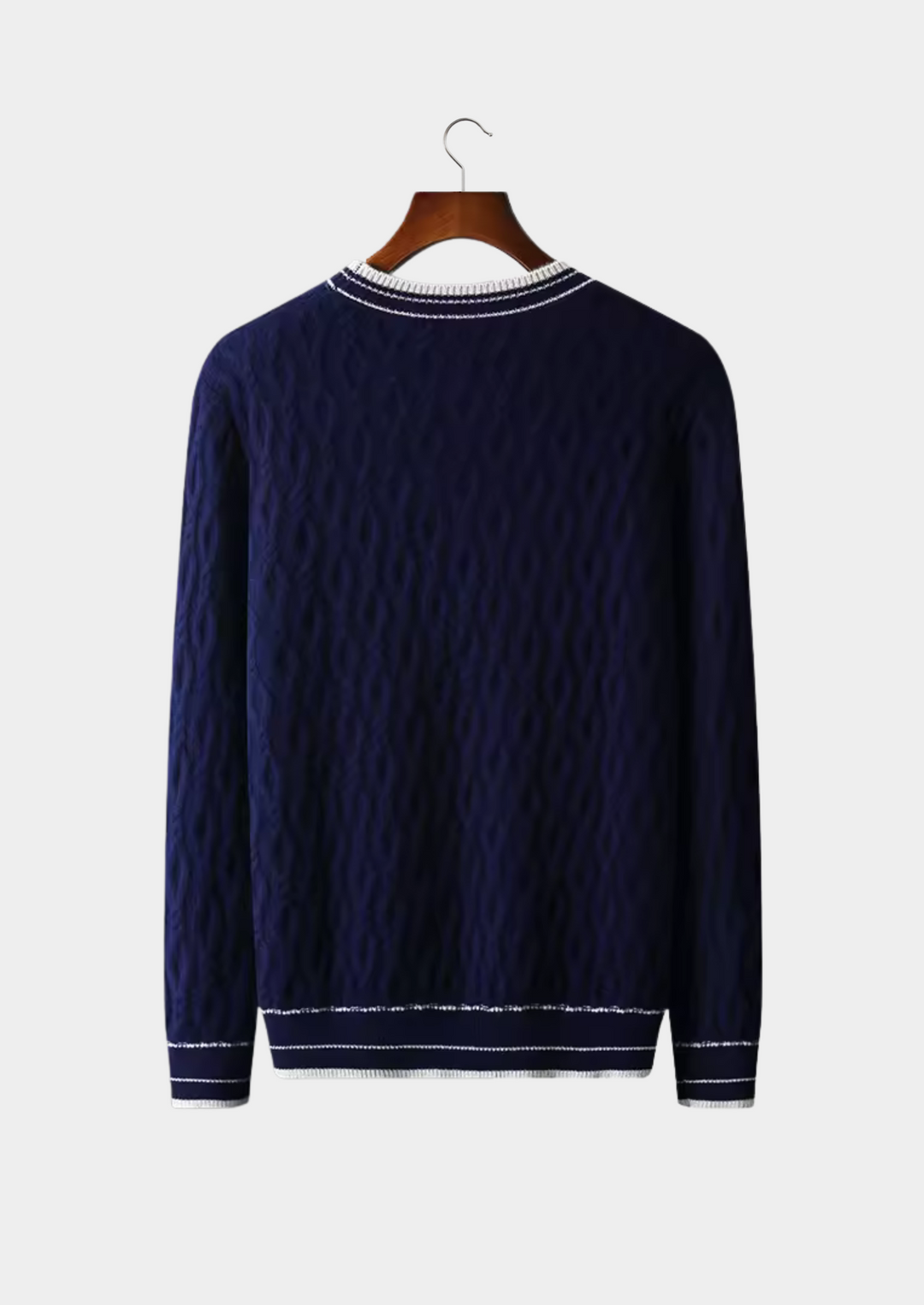 Refined men's crew neck sweater with elegant striped trim. A comfortable, versatile knit for everyday fashion.