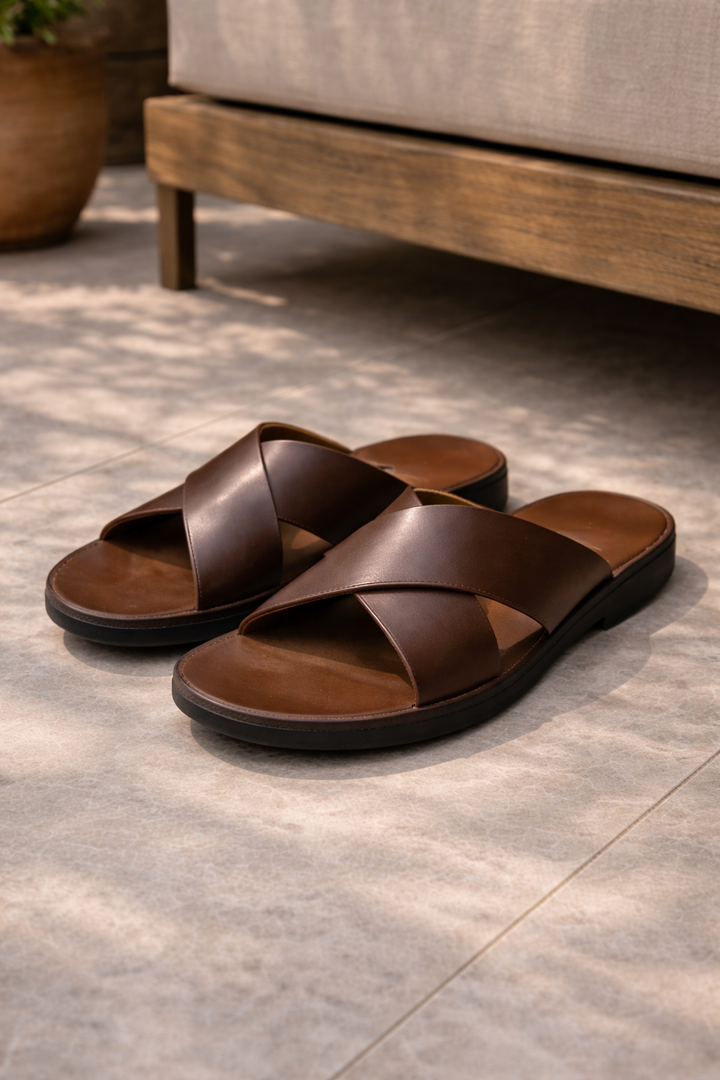 Men's cross strap slide sandals for summer comfort. Ideal casual open-toe footwear for beach and warm weather.