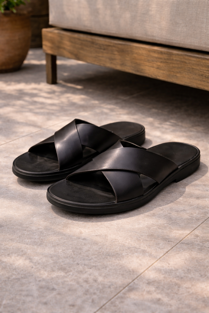 Stylish men's cross strap slides, perfect for summer, beach, or casual wear. Comfortable slip-on open-toe sandals.