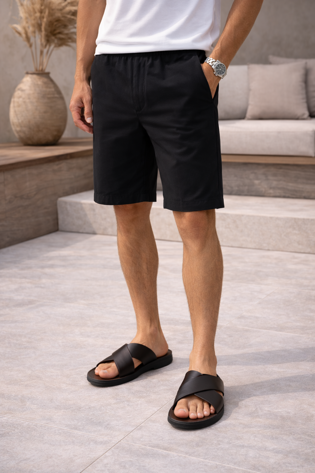 Men's casual open-toe cross strap slide sandals. Comfortable warm weather footwear for summer and beach activities.