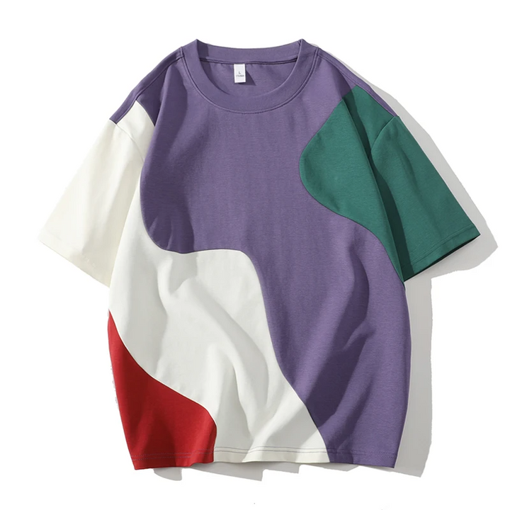 Casual men's fashion top: Crossover Panel Tee, oversized drop shoulder, bold streetwear look.