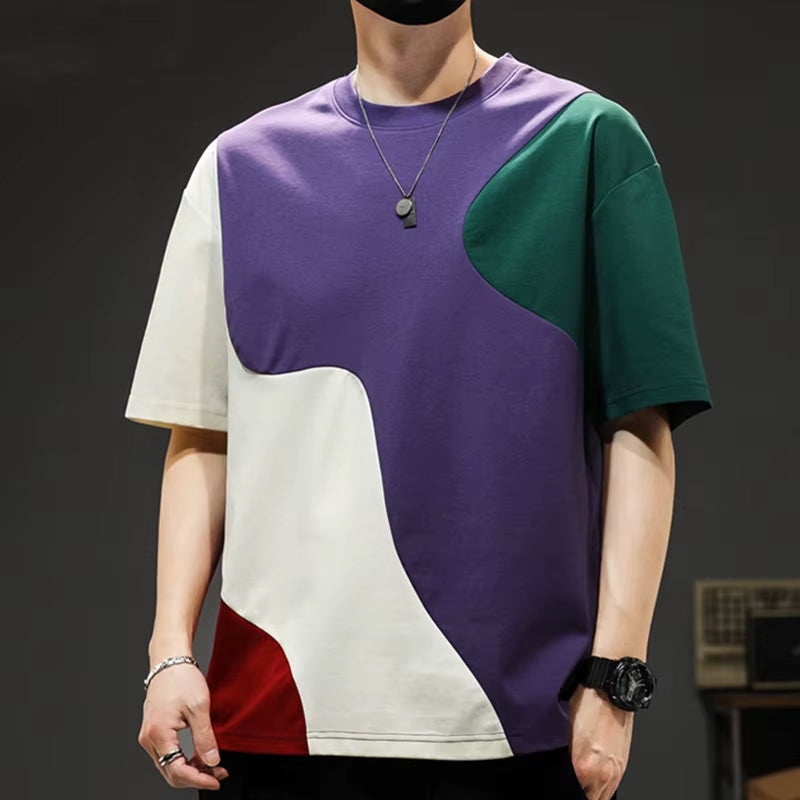 Men's fashion tee with a bold crossover panel, oversized fit, and drop shoulder, versatile for casual outfits.