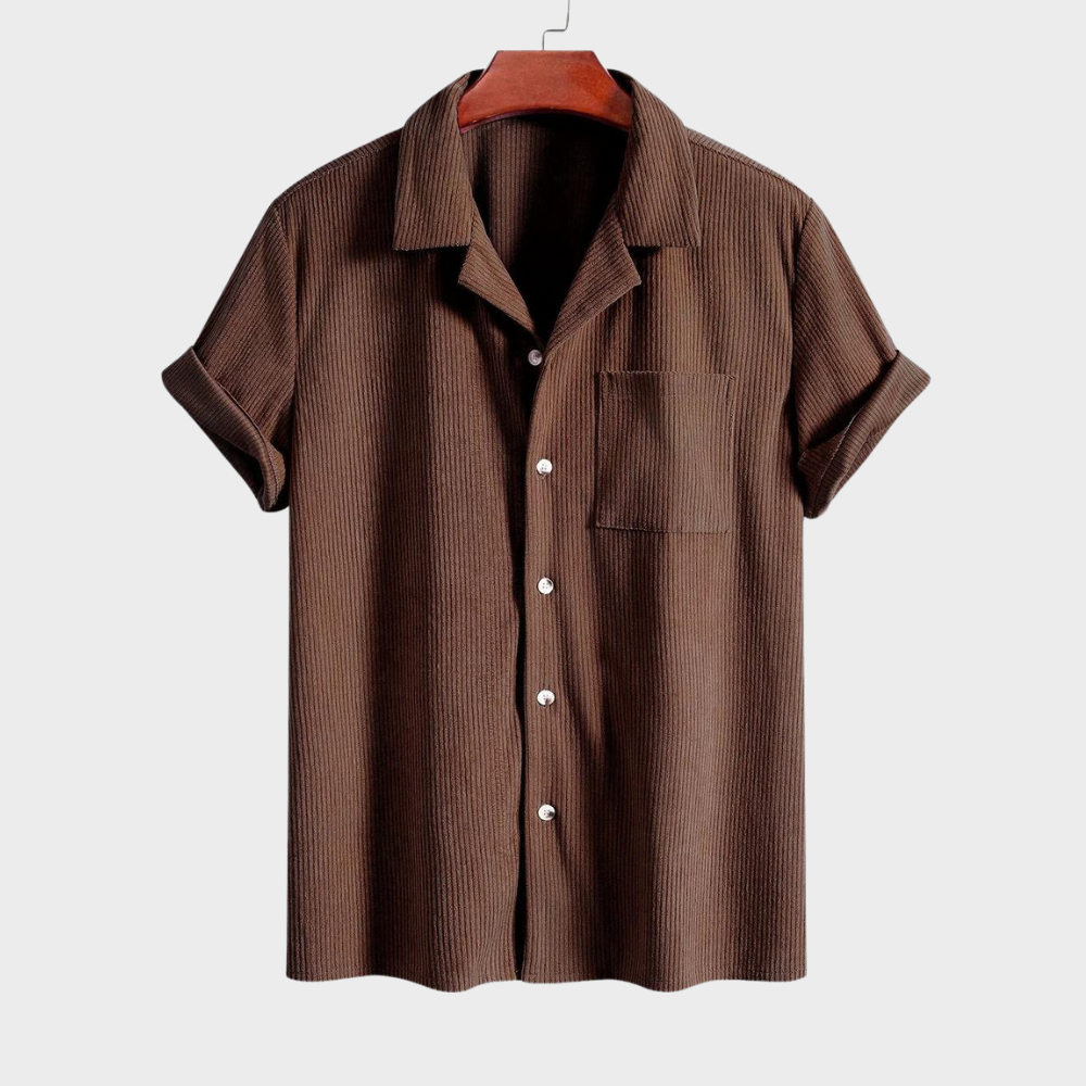 Men's Cuban collar corduroy shirt in a casual short-sleeve button-up style, ideal for summer wear.
