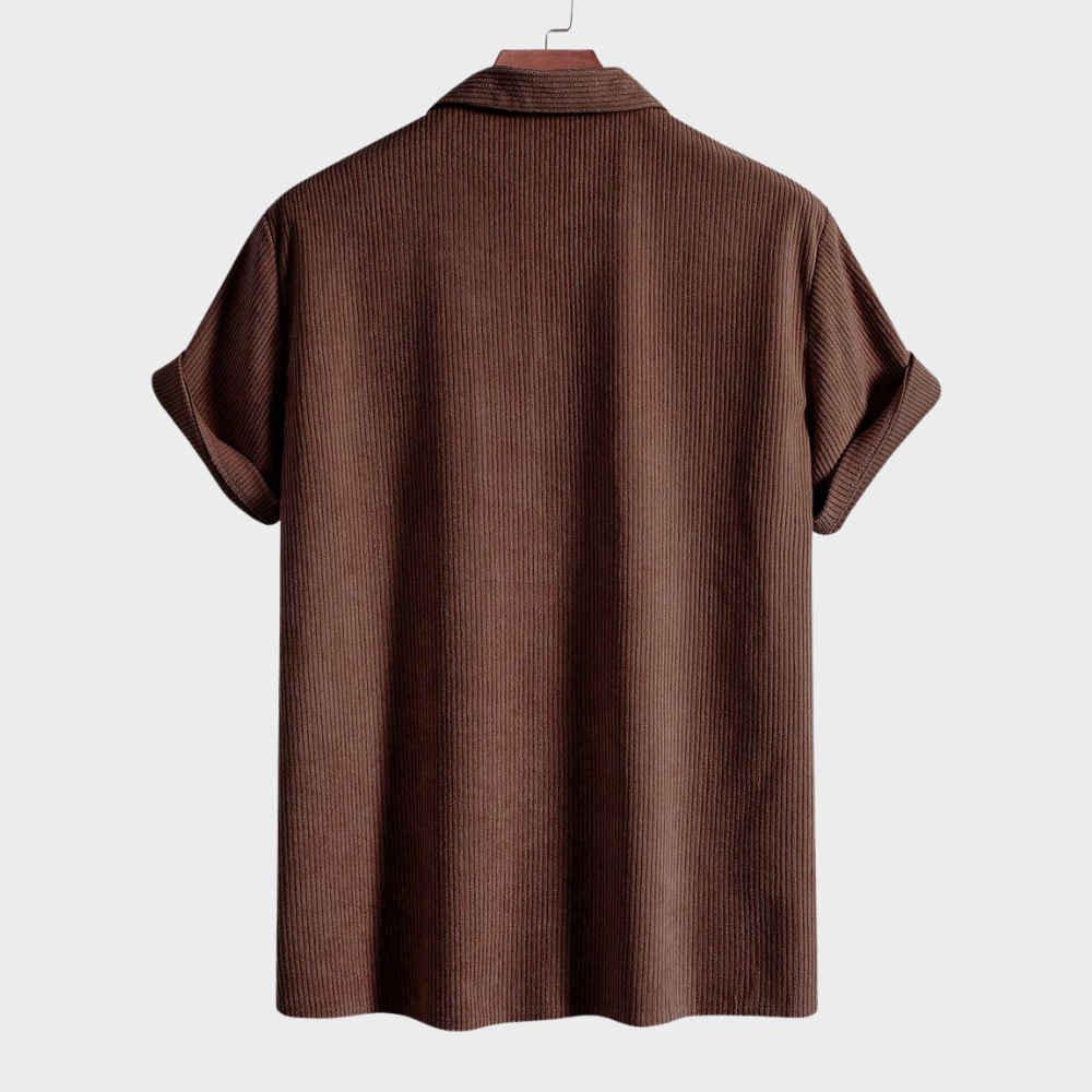 Classic men's short-sleeve corduroy shirt with a Cuban collar, perfect for resort or casual summer fashion.