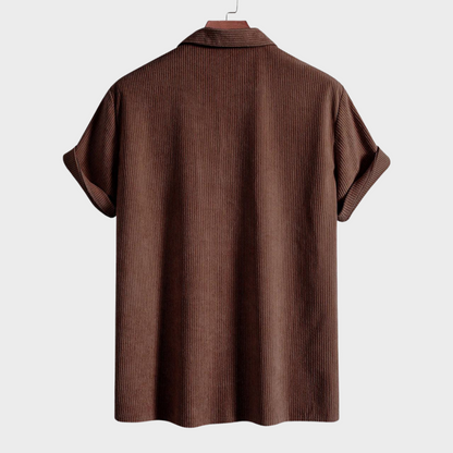Classic men's short-sleeve corduroy shirt with a Cuban collar, perfect for resort or casual summer fashion.