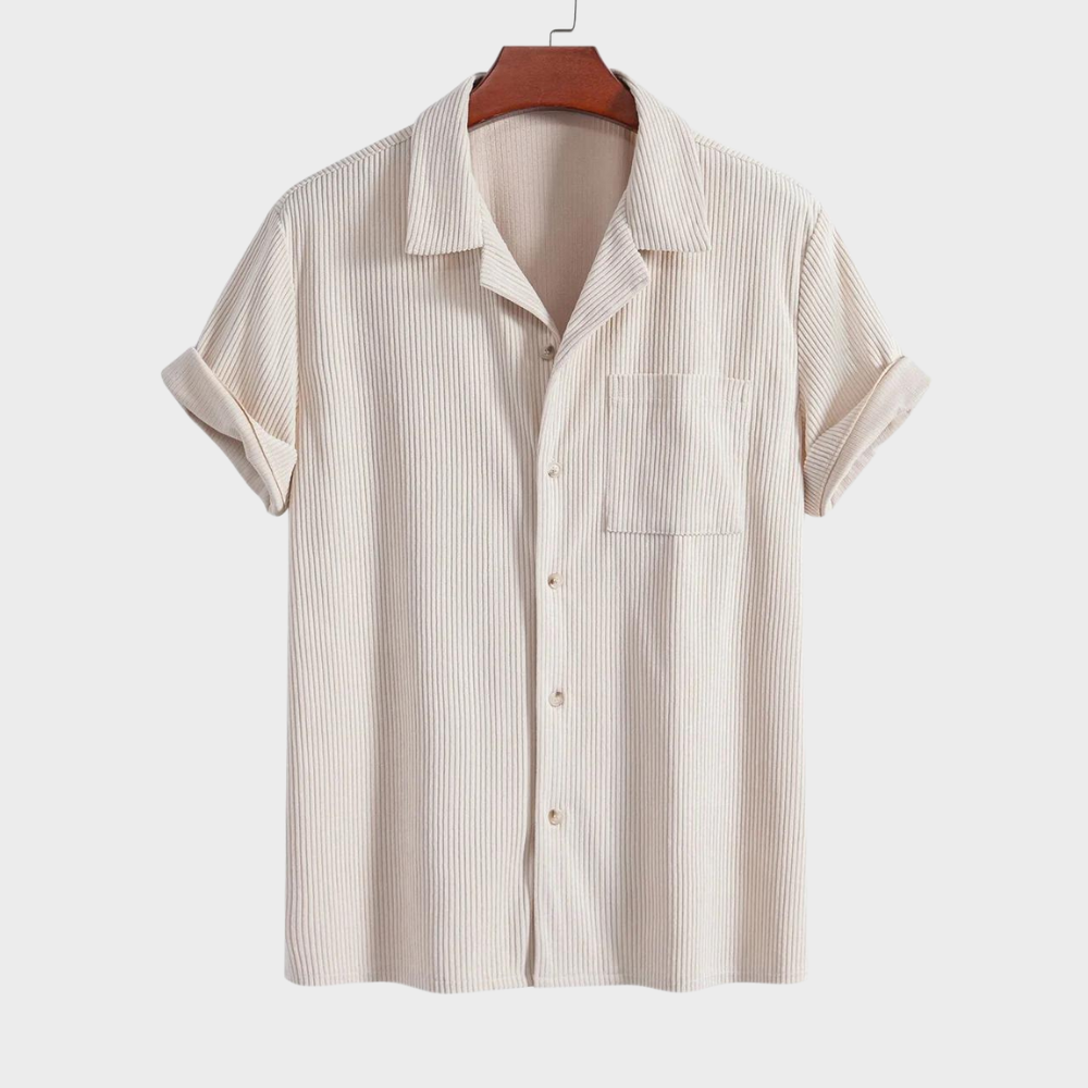Versatile men's button-up shirt featuring a Cuban collar and corduroy fabric for a relaxed casual look.