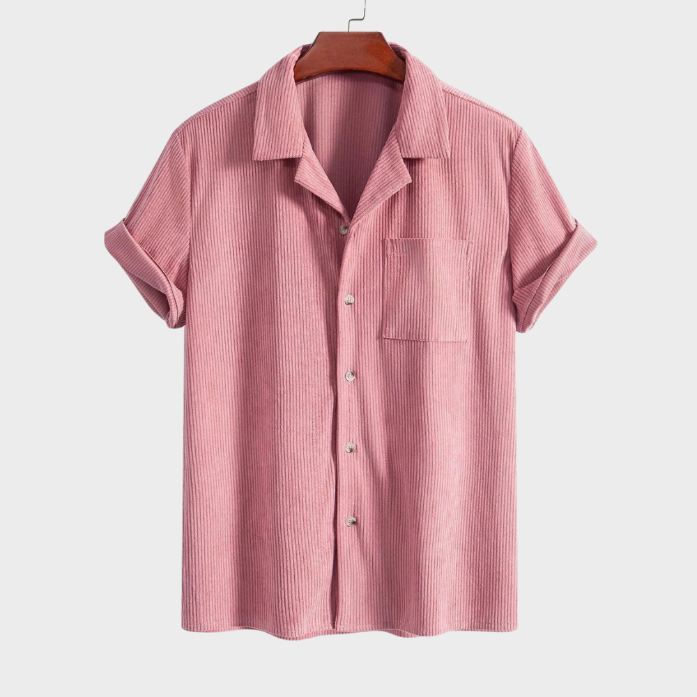 Light brown men's Cuban corduroy shirt, a classic short-sleeve button-up for resort and casual outings.