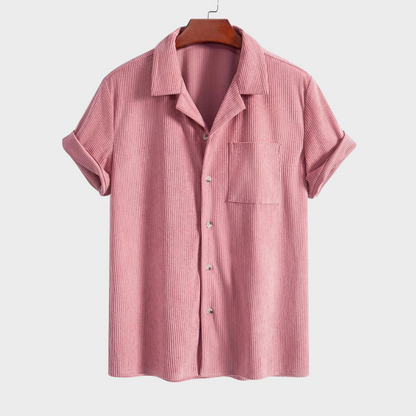 Light brown men's Cuban corduroy shirt, a classic short-sleeve button-up for resort and casual outings.