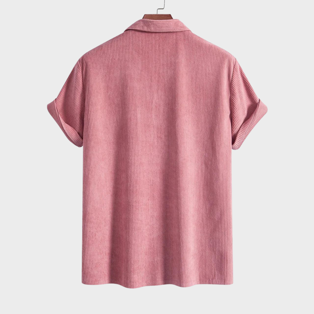 Men's fashion: casual short-sleeve button-up shirt with a distinctive Cuban collar and soft corduroy.