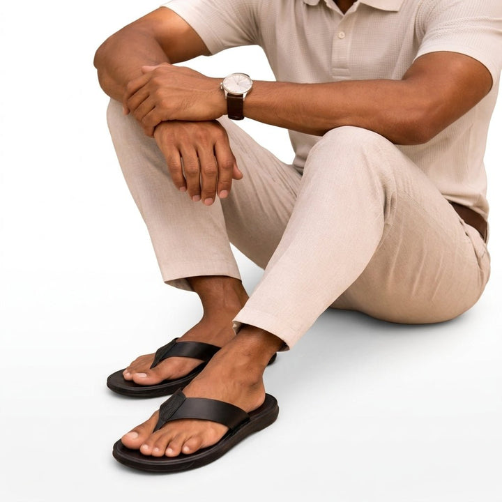 Stylish men's toe post sandals with cushioned footbed for ultimate comfort. Ideal casual everyday summer footwear.