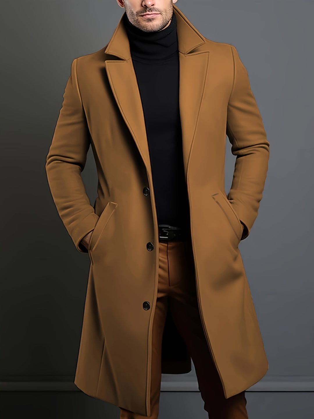 Men's Dark Blue Long Single-Breasted Lapel Overcoat. Classic fall & winter tailored outerwear.