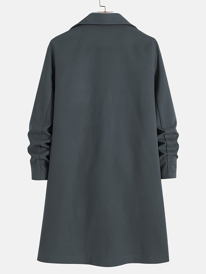 Black men's single-breasted overcoat with lapel. Stylish long coat for business casual or formal wear.