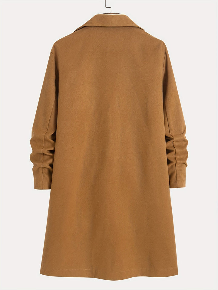 Men's tailored dark blue single-breasted overcoat. Long lapel coat, perfect for fall & winter style.