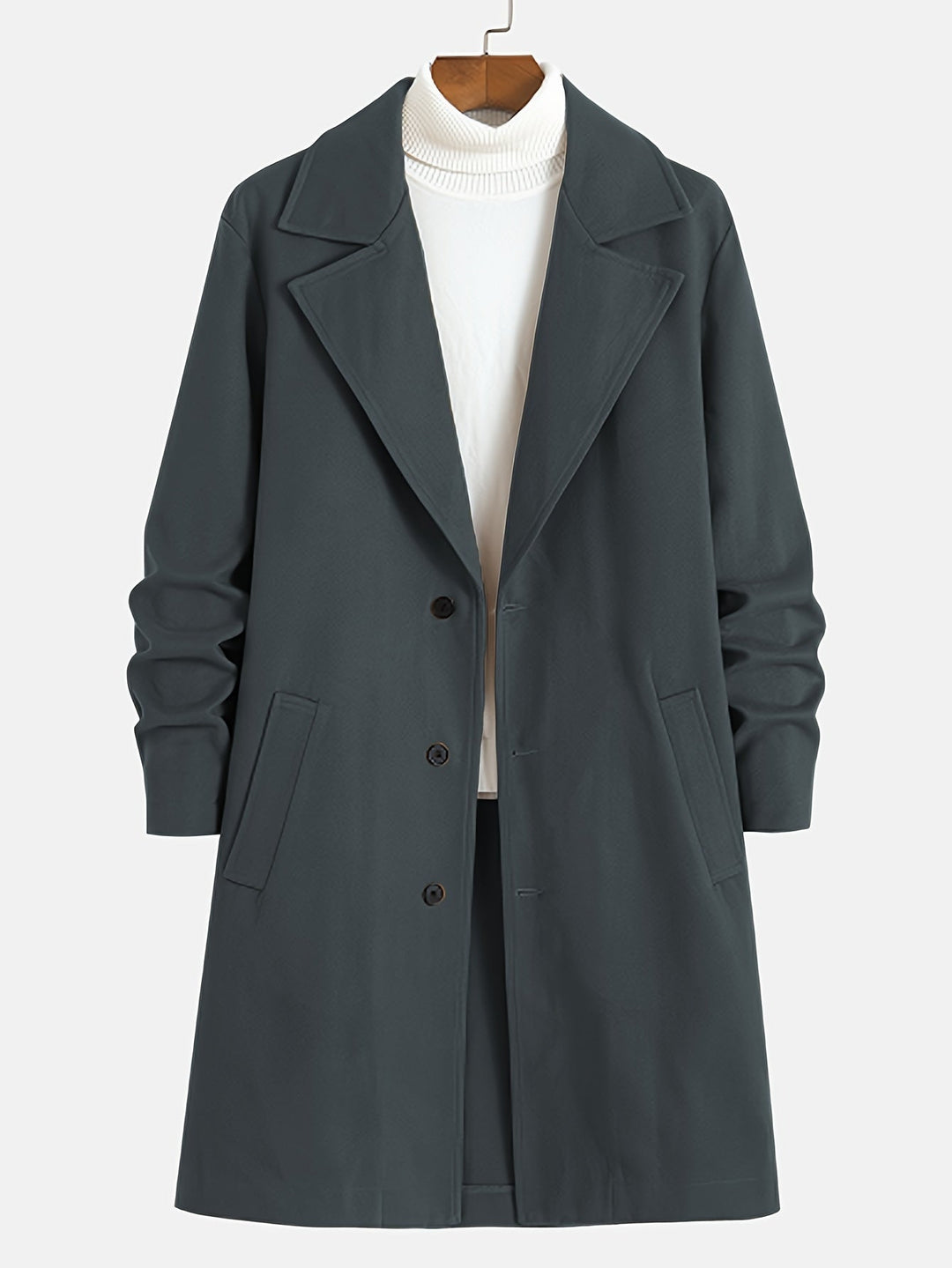 Classic black men's long overcoat with a lapel. Single-breasted design, ideal for winter outerwear.