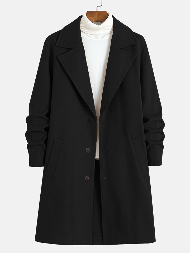 Stylish gray men's lapel overcoat. Long single-breasted winter coat for business casual outfits.