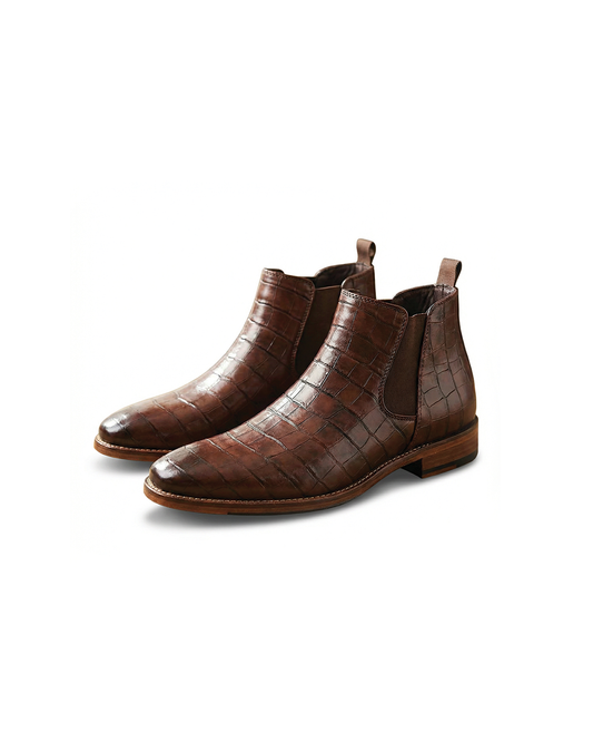 Men's dark brown genuine leather Chelsea boots, blending style & comfort for urban wear.